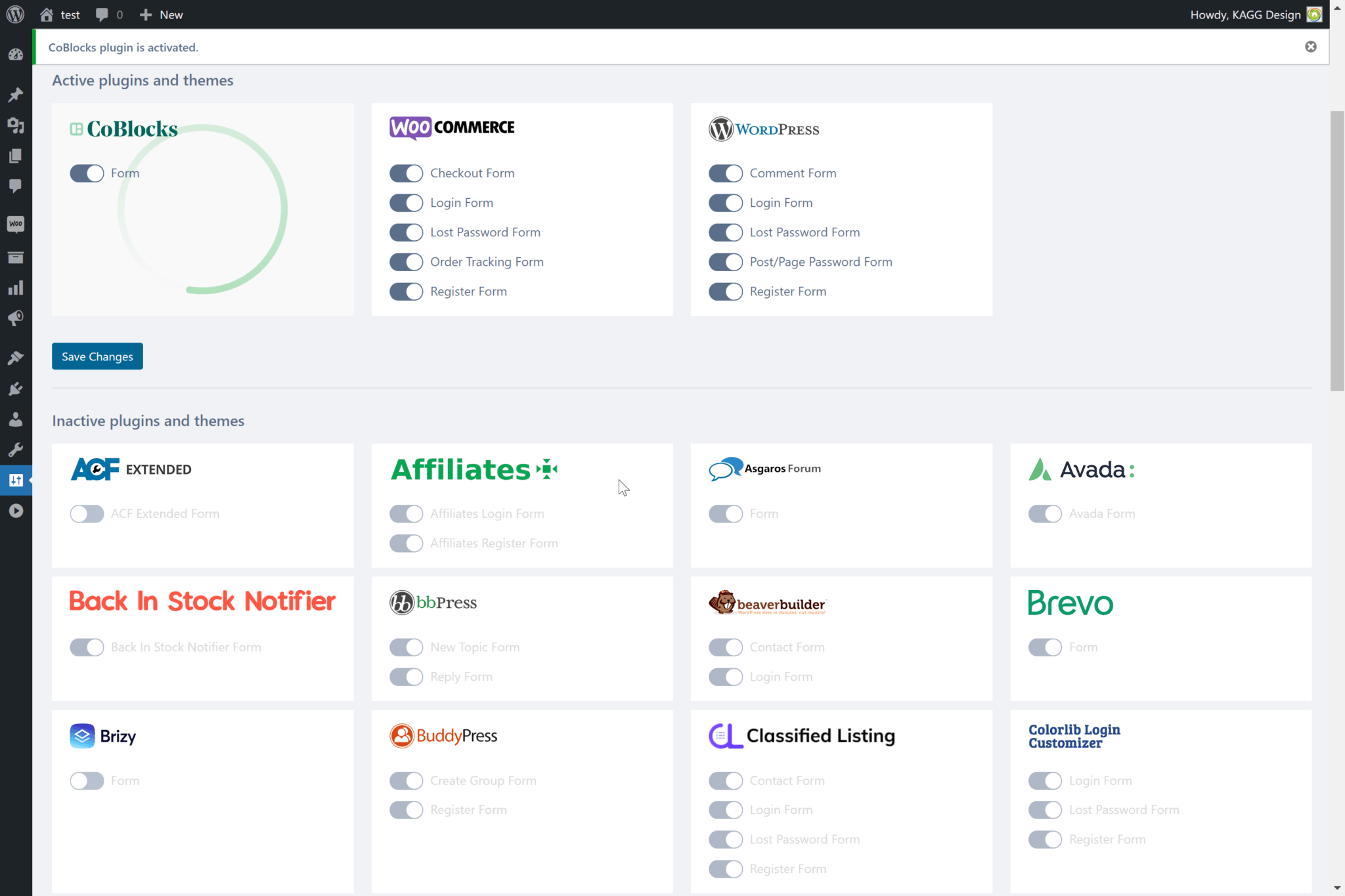 hCaptcha integrations available in the WordPress dashboard